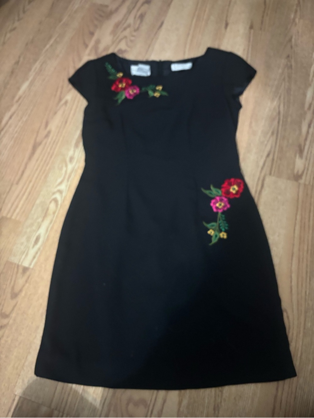 karin stevens Black Cap-Sleeve Dress with Red & Pink Floral Embroidery